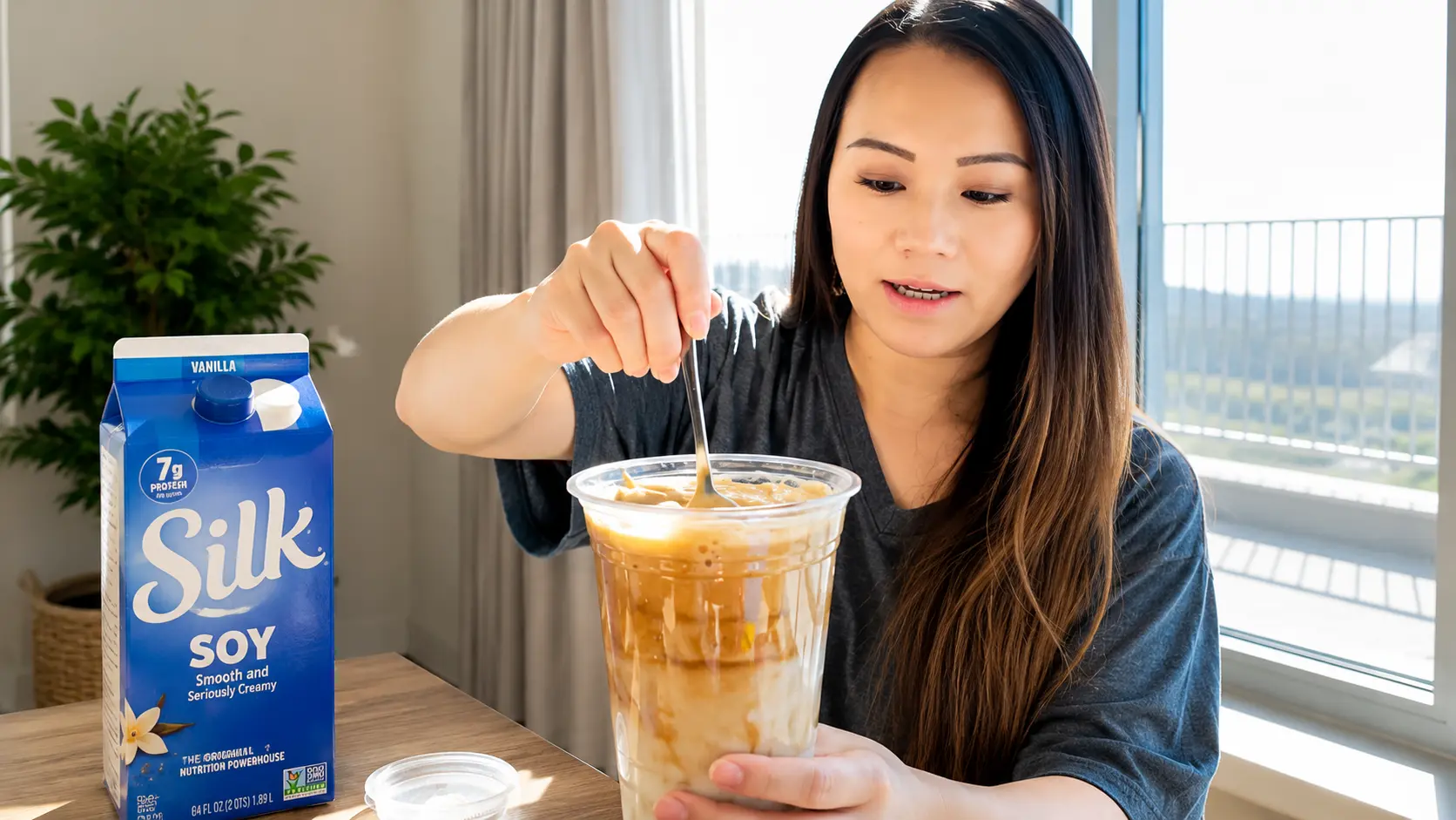 Woman holding a clear plastic cup of iced dalgona coffee topped with thick whipped coffee foam, lifting a spoonful of creamy foam, with visible milk and coffee layers in soft natural window light.