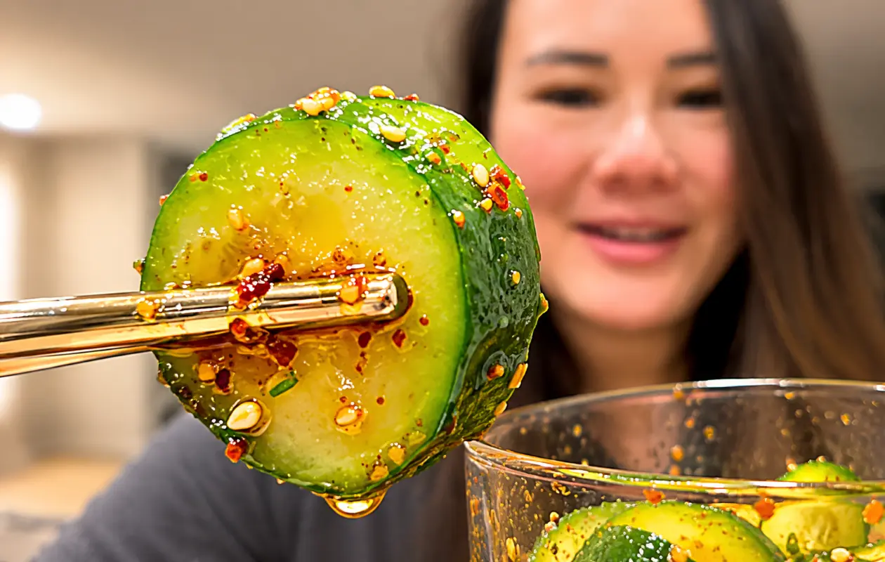 me holding the seasoned cucmber with my chopstick