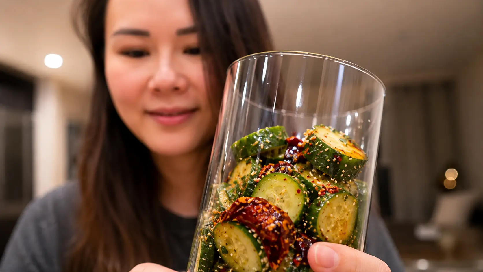 Close-up of a glass filled with marinated cucumber slices coated in glossy soy-sesame dressing, chili flakes, sesame seeds, and seaweed seasoning, held in front of a softly blurred kitchen background.