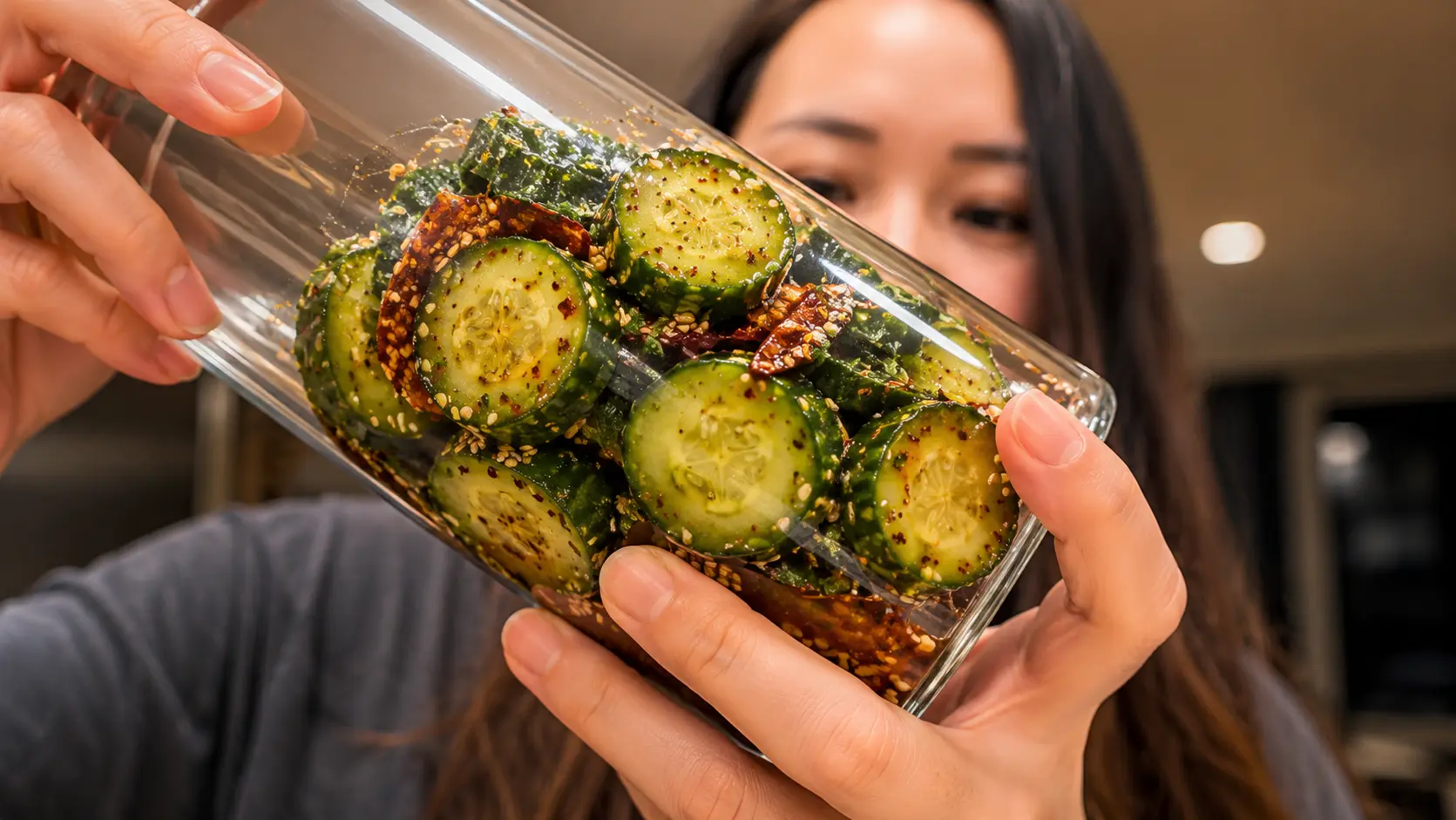 A professional food photography-style image of a woman holding a large glass jar filled with marinated cucumber salad. The jar is packed with crisp cucumber slices coated in a glossy dressing with sesame seeds, chili flakes, herbs, and seasonings visible throughout. Warm kitchen lighting creates a cozy atmosphere, while the woman smiles softly in the background. The cucumbers are sharply focused, highlighting their fresh texture and vibrant green color, with a shallow depth of field that gives the image a polished, restaurant-quality look.