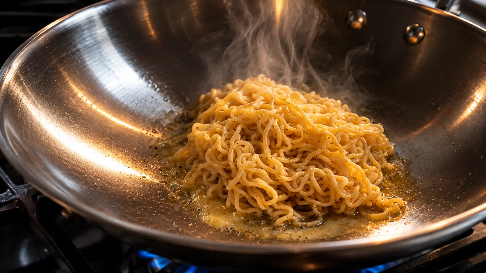 Close-up of creamy, buttery ramen noodles sizzling in a stainless steel wok over a blue gas flame, with steam rising and glossy sauce pooling around the noodles for a rich, appetizing finish.