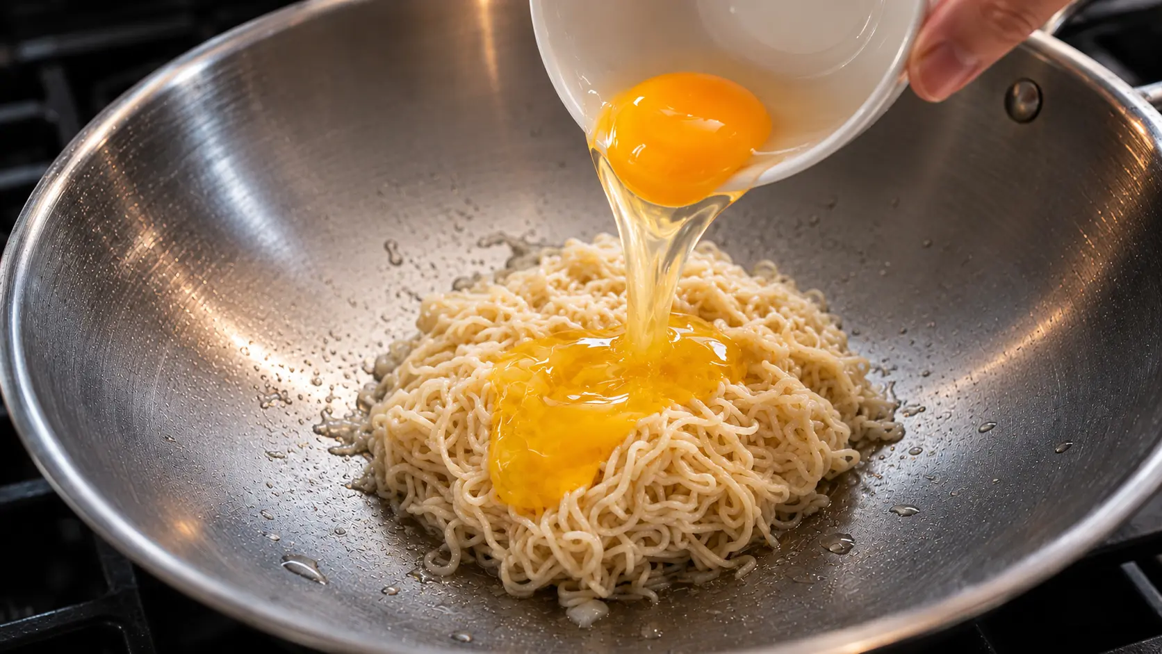 Close-up of beaten egg being poured from a white bowl onto cooked ramen noodles in a stainless steel wok, with the glossy yolk cascading over the noodles on a stovetop.