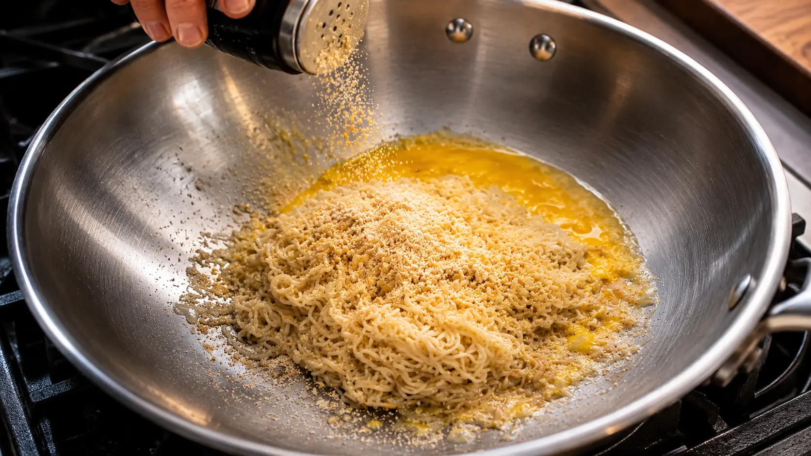 Close-up of creamy instant ramen noodles cooking in a large stainless steel wok on a stovetop. A hand shakes garlic powder from a black seasoning shaker, creating a cascade of seasoning over the noodles. Partially cooked egg surrounds the noodles, adding a rich golden color, while the shiny wok reflects the warm kitchen lighting. The image is styled like professional food photography, highlighting texture, freshness, and the comforting appeal of the dish.