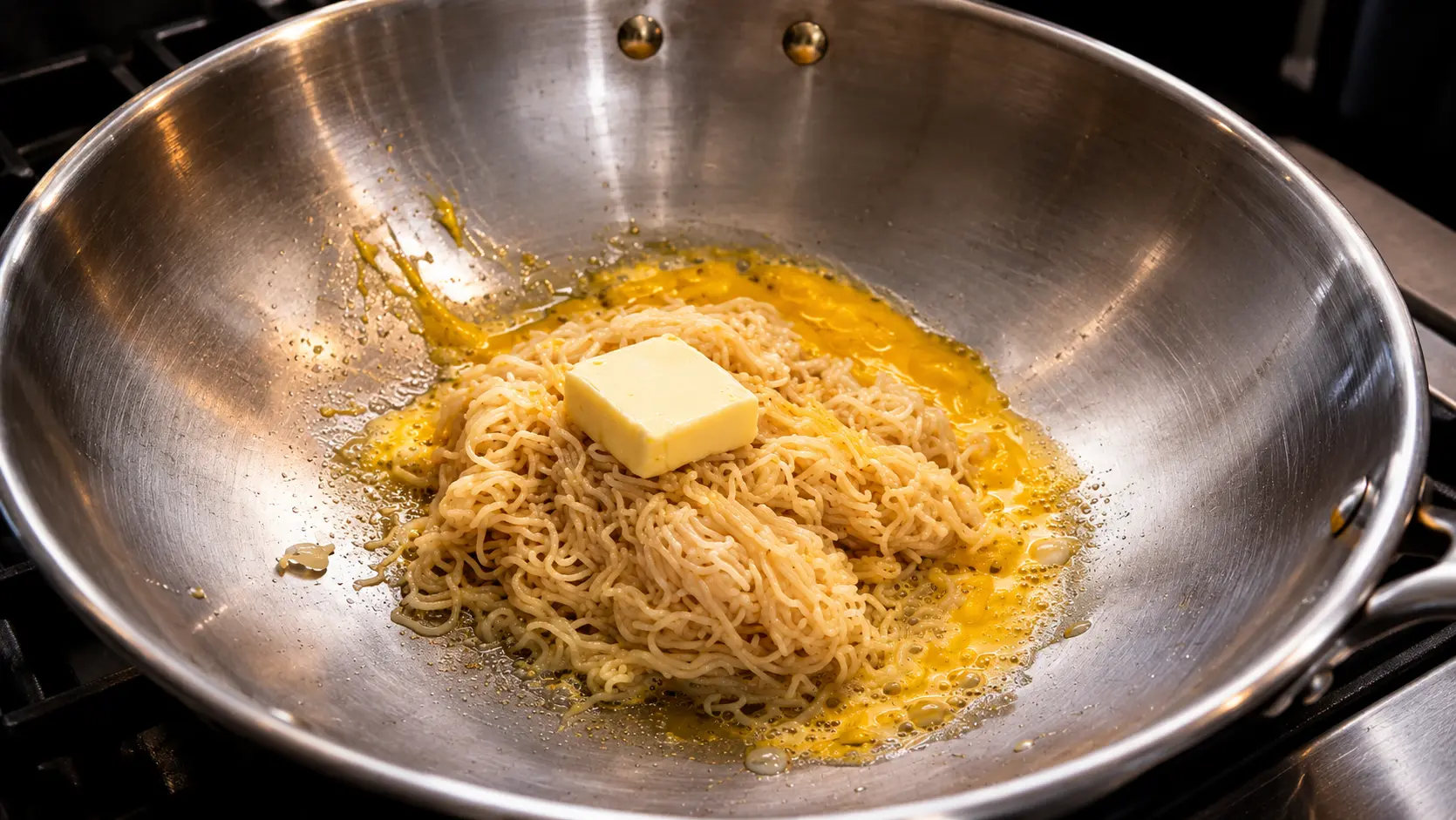 Close-up of ramen noodles in a stainless steel wok with a pat of butter melting on top and beaten egg surrounding the noodles, sizzling over a gas flame.