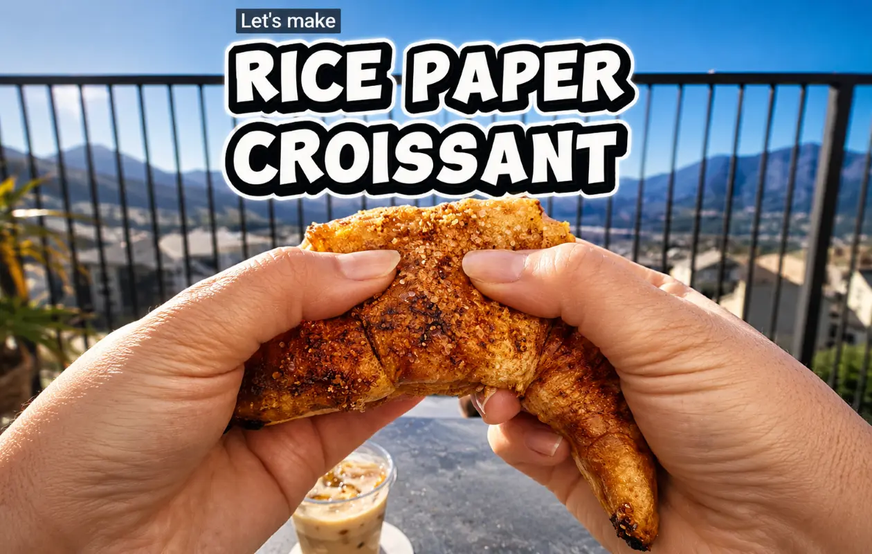 Close-up of hands pulling apart a golden, sugar-crusted rice paper croissant on a balcony with mountain views, with an iced latte on a table below.