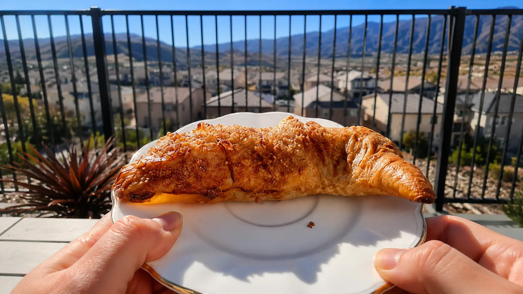 Close-up of hands holding a white plate with gold trim featuring a golden, cinnamon-sugar coated croissant-shaped pastry, with a sunlit balcony and mountain view softly blurred in the background.