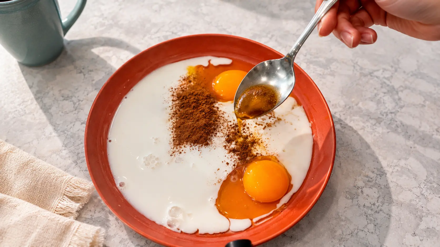 Overhead view of eggs, milk, honey, and cinnamon in a red pan on a marble countertop, with a hand holding a spoonful of honey above the mixture.