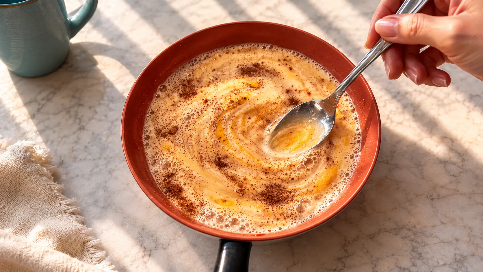 Overhead view of a red skillet filled with a creamy egg, milk, honey, and cinnamon mixture on a marble countertop, with a hand drizzling honey from a spoon into the pan.