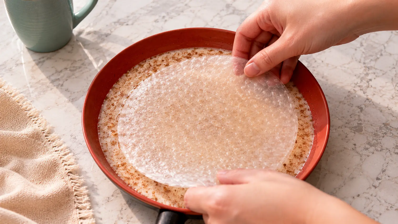 A close-up food preparation scene on a light marble countertop shows two hands gently placing a translucent rice paper wrapper into a shallow red skillet filled with a creamy cinnamon custard mixture. Warm natural sunlight streams across the counter, highlighting the delicate texture of the rice paper and the specks of cinnamon floating in the custard. A soft beige kitchen towel and a muted green ceramic mug sit nearby, creating a cozy, inviting atmosphere. The image has a bright, professional food photography style with clean composition and warm tones.