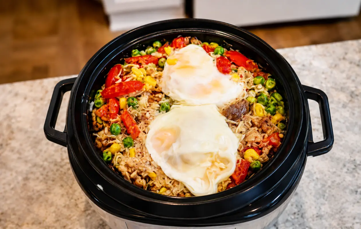 Steaming lazy fried rice in a black rice cooker topped with two soft-cooked eggs, mixed with beef, corn, peas, and red peppers on a marble countertop.