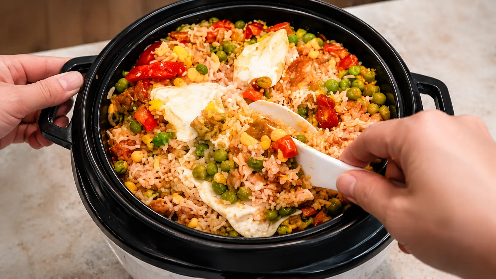 Close-up of freshly cooked rice cooker fried rice being stirred with a white rice paddle, mixed with eggs, beef, peas, corn, and red peppers in a black rice cooker on a marble countertop.