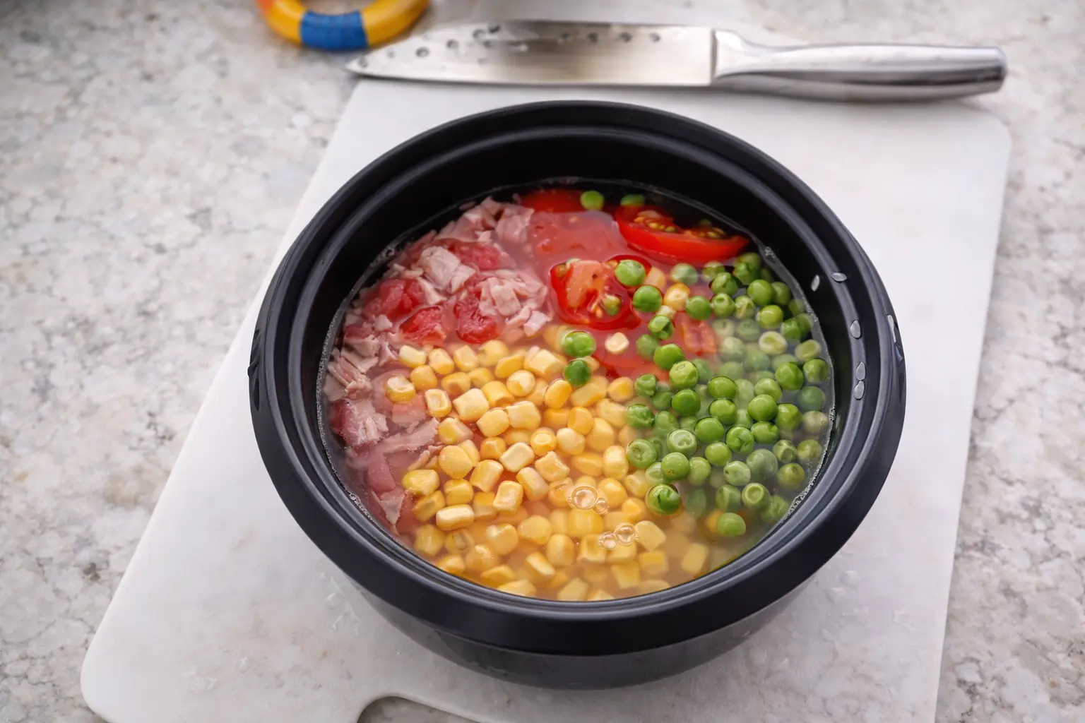 Top-down view of a rice cooker pot filled with uncooked rice, water, chopped beef, cherry tomatoes, corn, and green peas on a white cutting board with a knife in the background.