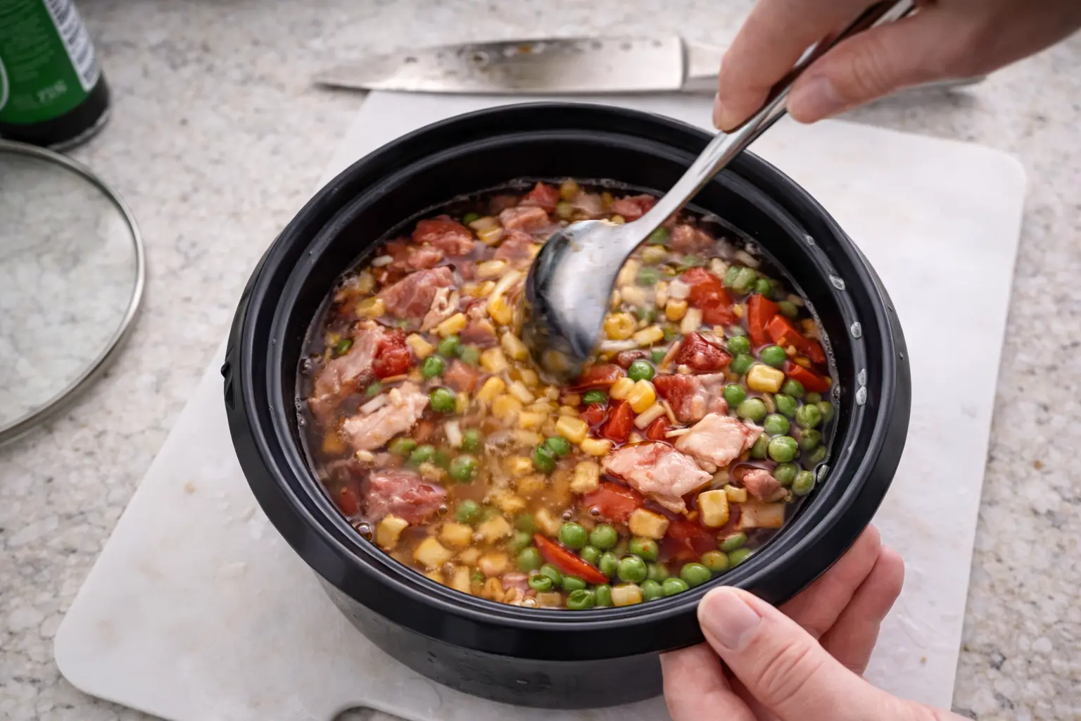 Hands stirring uncooked rice, beef, cherry tomatoes, corn, and peas with soy-based liquid inside a black rice cooker pot on a marble countertop.