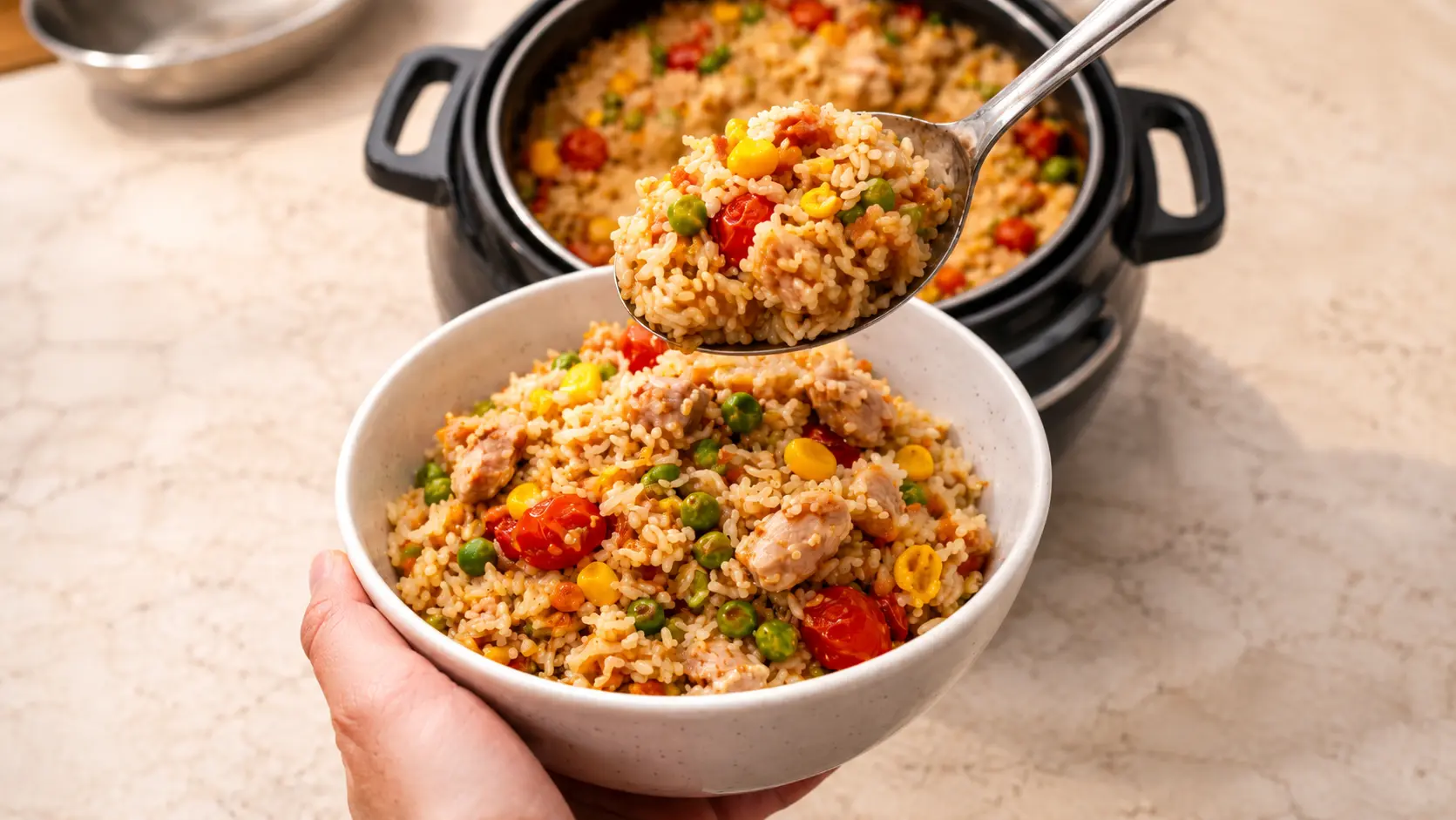 Close-up of a spoon scooping fluffy fried rice with chicken, peas, corn, and cherry tomatoes from a rice cooker into a white bowl on a marble countertop.