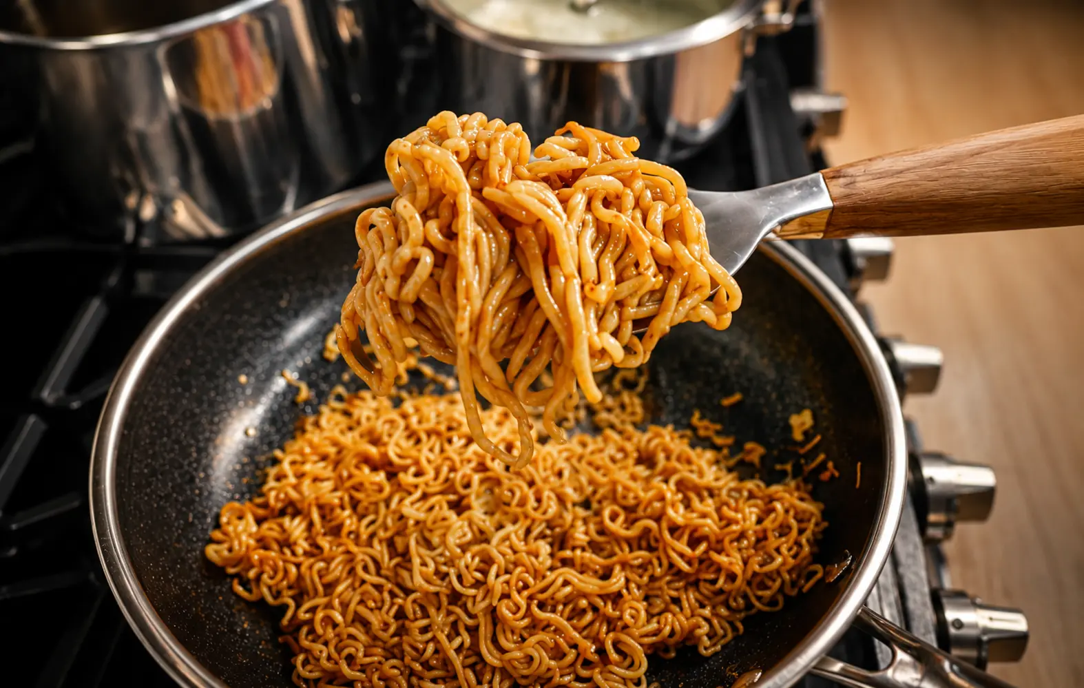 Close-up of glossy peanut butter ramen noodles being lifted with a stainless steel spatula from a nonstick pan on a modern stovetop, the creamy sauce coating each strand in a rich golden sheen.