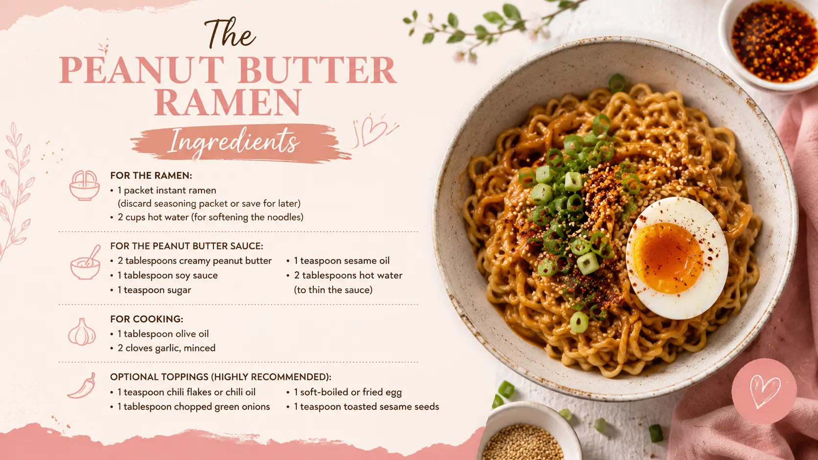 Overhead view of peanut butter ramen ingredients arranged on a wooden surface, including instant noodles, peanut butter, soy sauce, sesame oil, garlic, chili flakes, green onions, sesame seeds, a soft-boiled egg, and a pan of glossy cooked noodles being stirred.