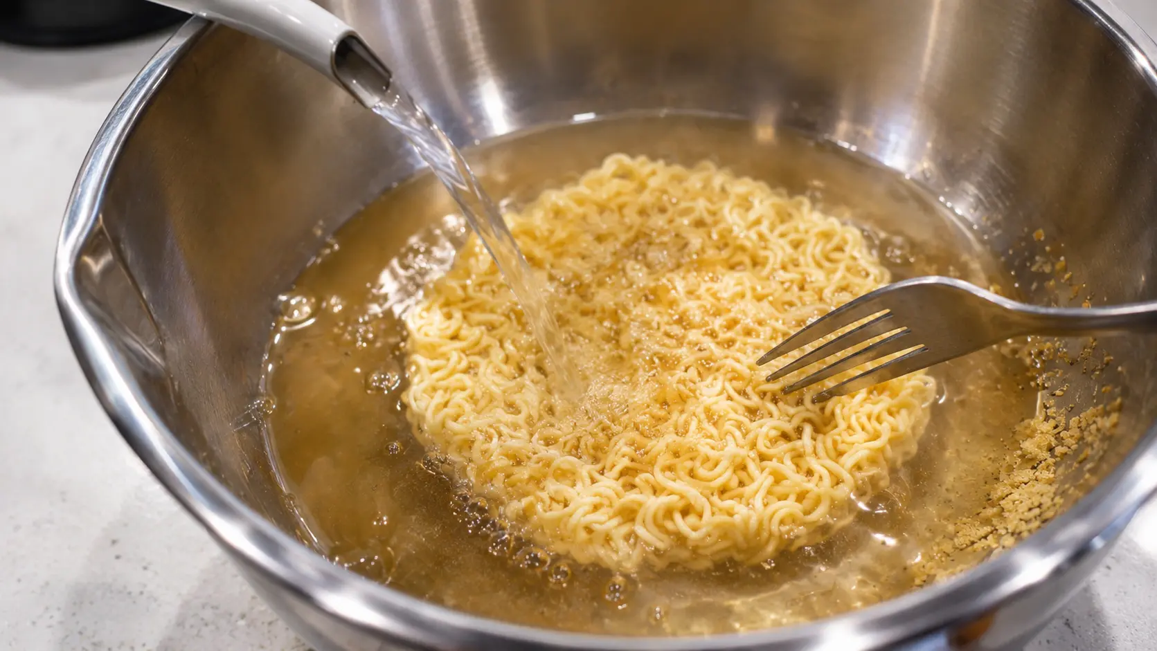 Close-up of hot water being poured over instant ramen noodles in a stainless steel mixing bowl, with a fork resting inside as the noodles begin to soften and expand.