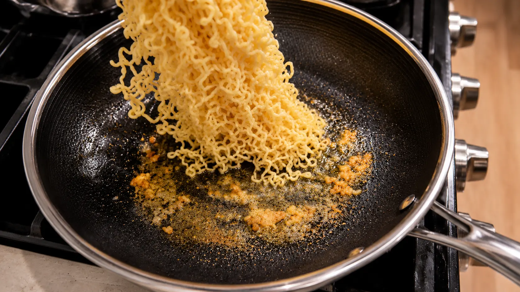 Close-up of softened ramen noodles being added to a nonstick skillet with sizzling minced garlic and olive oil on a stovetop, the noodles cascading into the pan under warm kitchen lighting.