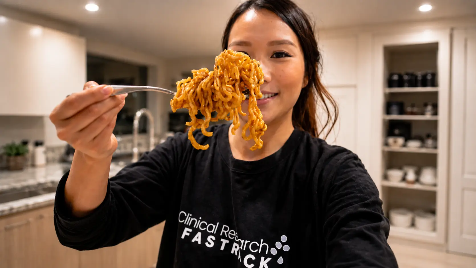 Woman smiling in a kitchen while holding up a forkful of glossy peanut butter ramen toward the camera, the noodles coated in a rich, golden sauce under warm indoor lighting.