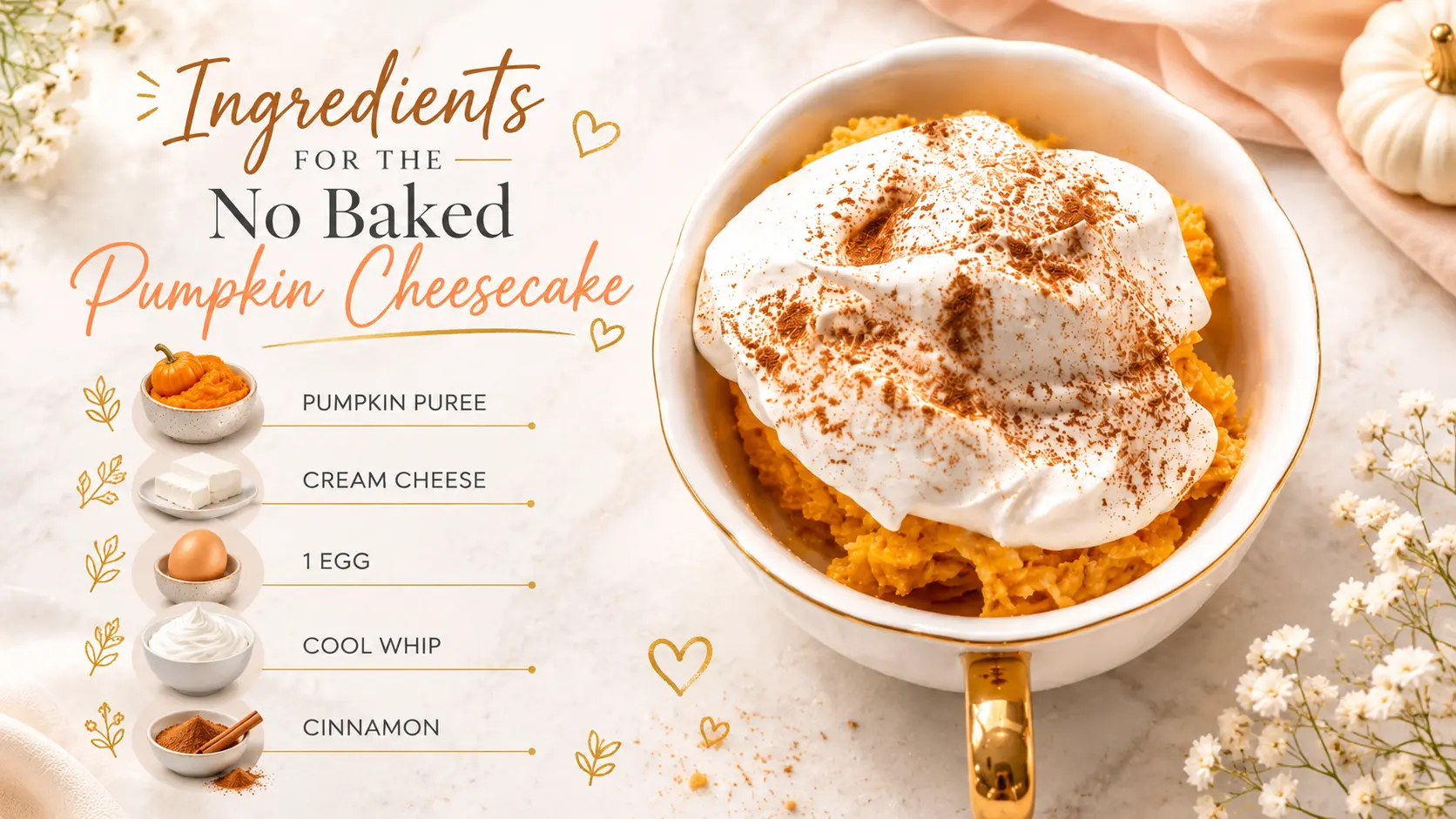 Pumpkin puree in a white bowl with a spoon, a block of cream cheese on parchment paper, a whole brown egg, a container of Cool Whip, and ground cinnamon in a small bowl and glass jar, arranged on a light marble countertop.