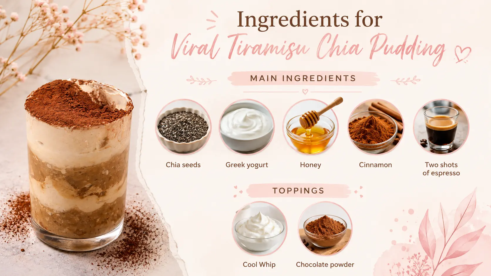A feminine recipe ingredient graphic for Viral Tiramisu Chia Pudding featuring a soft blush-pink and cream color palette with delicate floral accents. On the left, a layered tiramisu chia pudding parfait in a glass is topped with cocoa powder. On the right, neatly organized ingredient icons list chia seeds, Greek yogurt, honey, cinnamon, and two shots of espresso under "Main Ingredients," with Cool Whip and chocolate powder under "Toppings." The elegant layout includes handwritten-style typography, watercolor botanical illustrations, and a clean, modern food-blog aesthetic.