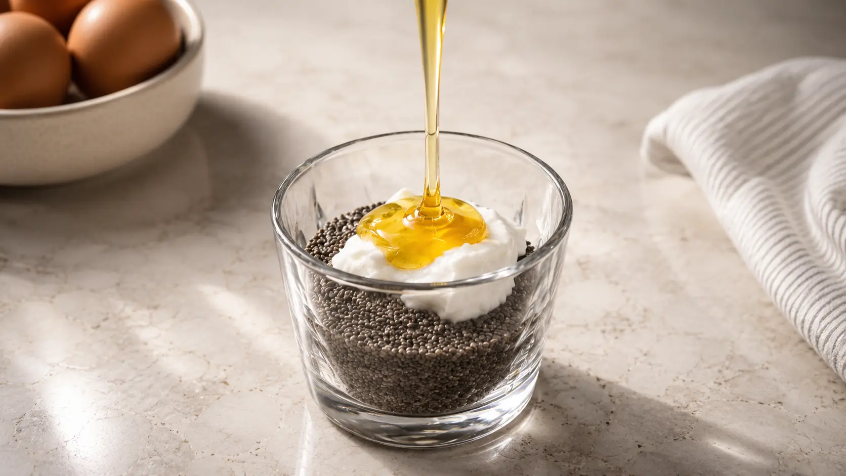 **Alt Text:** A professionally styled food photography image showing golden honey being drizzled onto a dollop of creamy Greek yogurt sitting on top of black chia seeds in a clear glass tumbler. The honey stream is captured mid-pour, creating a glossy, rich texture that contrasts with the smooth yogurt and tiny chia seeds. Soft natural lighting highlights the ingredients, while a bowl of brown eggs and a neutral linen cloth appear softly blurred in the background. The elegant composition and shallow depth of field create a warm, premium recipe-preparation scene.