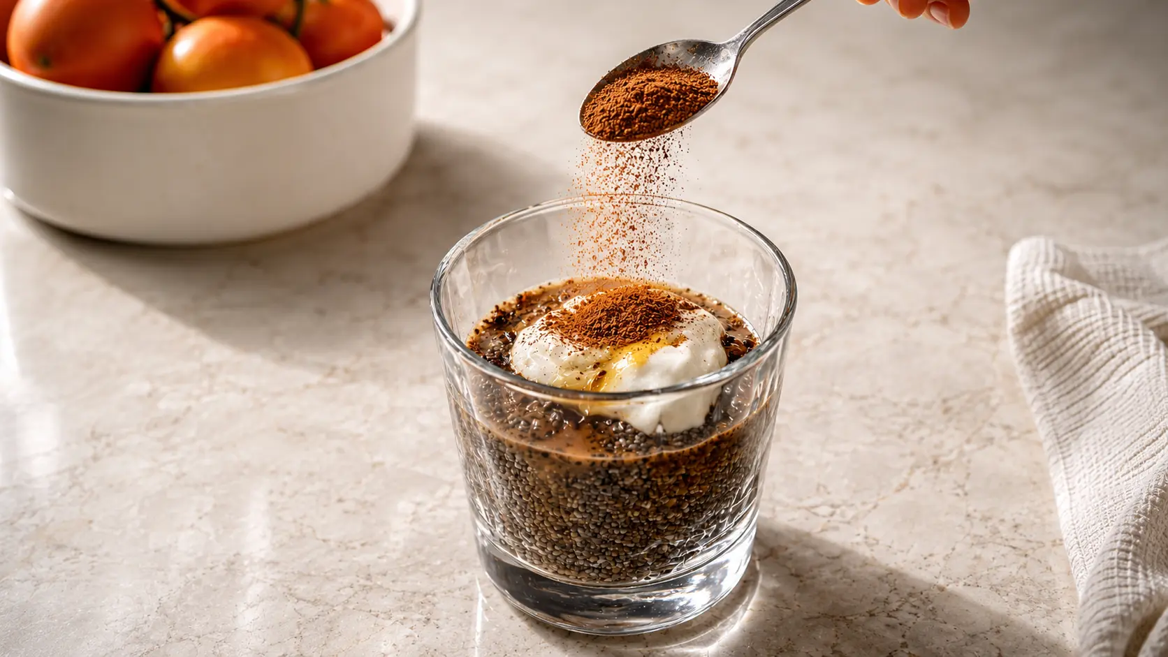 **Alt Text:** A professionally styled food photography image showing cinnamon being sprinkled from a spoon onto a glass of tiramisu chia pudding. The dessert features layers of black chia seeds, espresso, creamy Greek yogurt, and a drizzle of honey, all visible through a clear faceted glass. Fine cinnamon particles are captured midair, creating a sense of motion and texture. Soft natural lighting highlights the rich colors and ingredients, while a bowl of tomatoes and a neutral linen cloth are softly blurred in the background, creating an elegant, high-end kitchen aesthetic.