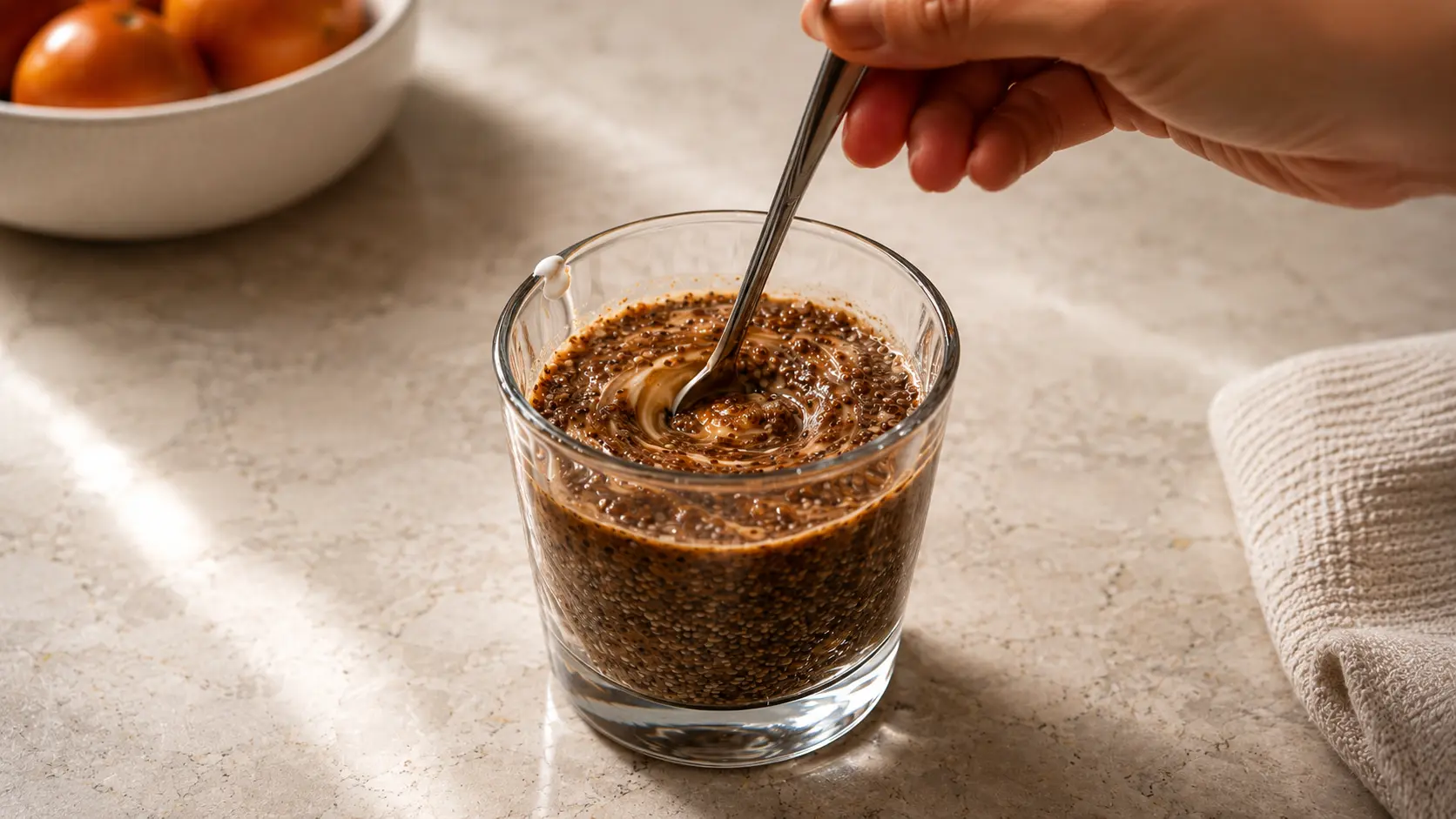 **Alt Text:** A professionally styled food photography image showing a hand stirring a glass of tiramisu chia pudding with a metal spoon on a light marble countertop. The mixture combines black chia seeds, espresso, Greek yogurt, honey, and cinnamon, creating rich swirls of cream and coffee throughout the glass. Soft natural lighting highlights the glossy texture of the pudding and the reflective glass surface, while a blurred bowl in the background adds warmth and depth. The image captures the mixing process with a clean, elegant, café-inspired aesthetic and shallow depth of field.
