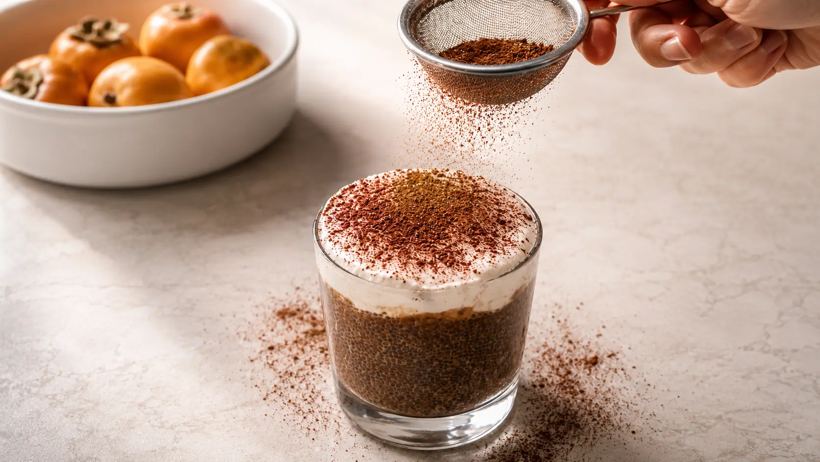 **Alt Text:** A professionally photographed tiramisu chia pudding in a clear glass cup topped with a thick layer of fluffy whipped cream and a generous dusting of cocoa powder. Fine cocoa particles are captured midair as they fall from a small mesh sieve held above the dessert, creating a dramatic, artisanal effect. The rich espresso-infused chia pudding layer is visible through the glass, contrasting beautifully with the creamy white topping. Soft natural lighting highlights the textures of the cocoa, cream, and chia pudding, while a blurred bowl of persimmons in the background adds warmth and depth to the elegant kitchen scene.