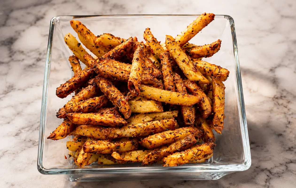 **Alt Text:** Close-up professional food photograph of crispy seasoned pasta chips piled high in a clear glass bowl on a light marble surface. The pasta chips are golden brown with crunchy caramelized edges and coated in visible herbs, black pepper, garlic
