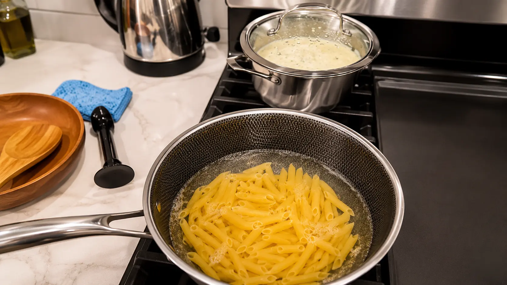 **Alt Text:**  *A professional food-photography image of penne pasta boiling in a stainless-steel pan on a modern gas stovetop. In the background, a pot of creamy sauce simmers under a glass lid, while wooden serving bowls and kitchen utensils rest on a clean marble countertop. Warm lighting highlights the golden pasta and polished cookware, creating an inviting home-cooking scene with a shallow depth of field and crisp detail.*