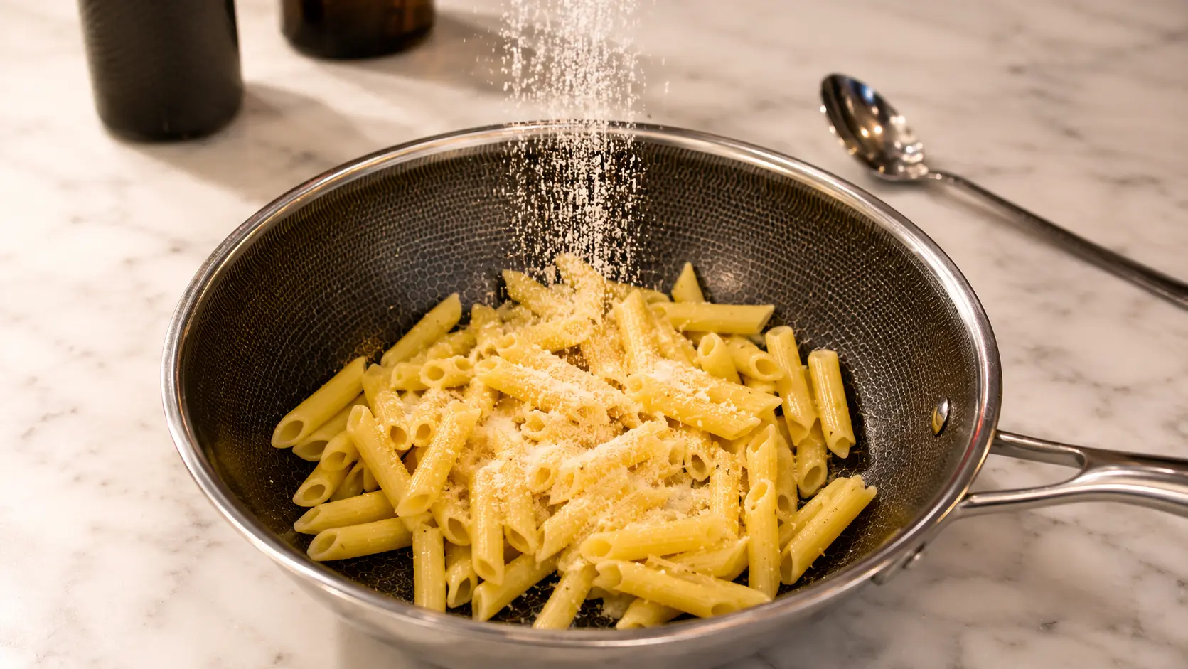 **Alt Text:**  *A professional food-photography image of penne pasta in a stainless-steel skillet as a shower of freshly grated Parmesan cheese falls from above. The cheese is captured mid-air, creating a dramatic action shot over the glossy pasta. The skillet sits on a light marble countertop with softly blurred kitchen items in the background. Warm natural lighting highlights the texture of the pasta and cheese, creating an elegant, restaurant-quality cooking scene.*