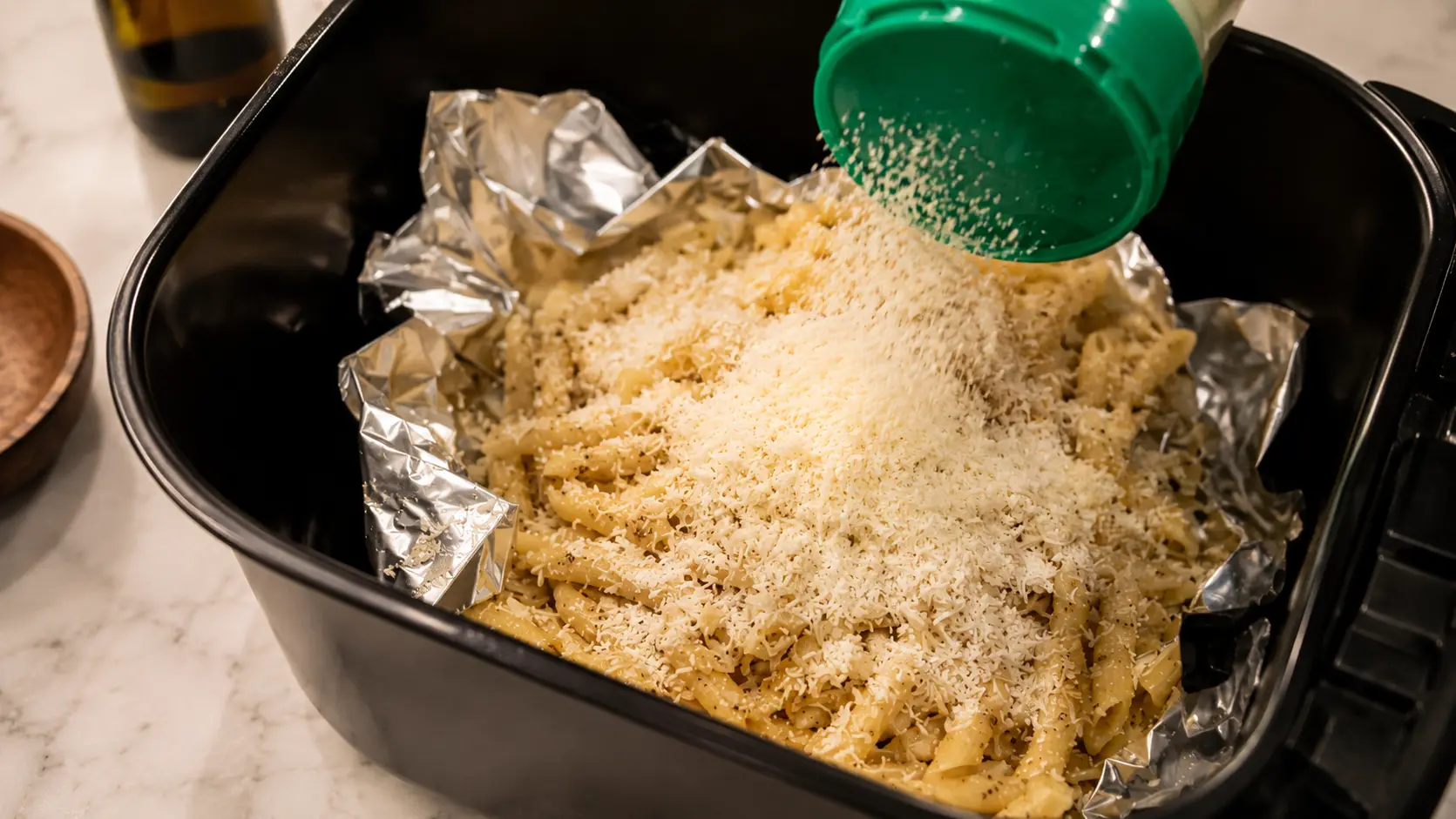 **Alt Text:**  *A professional food-photography image of penne pasta arranged in a foil-lined air fryer basket, lightly and evenly coated with finely grated Parmesan cheese and cracked black pepper. The pasta is spread in a single layer to promote crisping, with the cheese distributed uniformly across the surface rather than piled in one area. The black air fryer basket contrasts with the golden pasta, while a marble countertop and softly blurred kitchen elements create a clean, elegant cooking scene illuminated by warm natural light.*