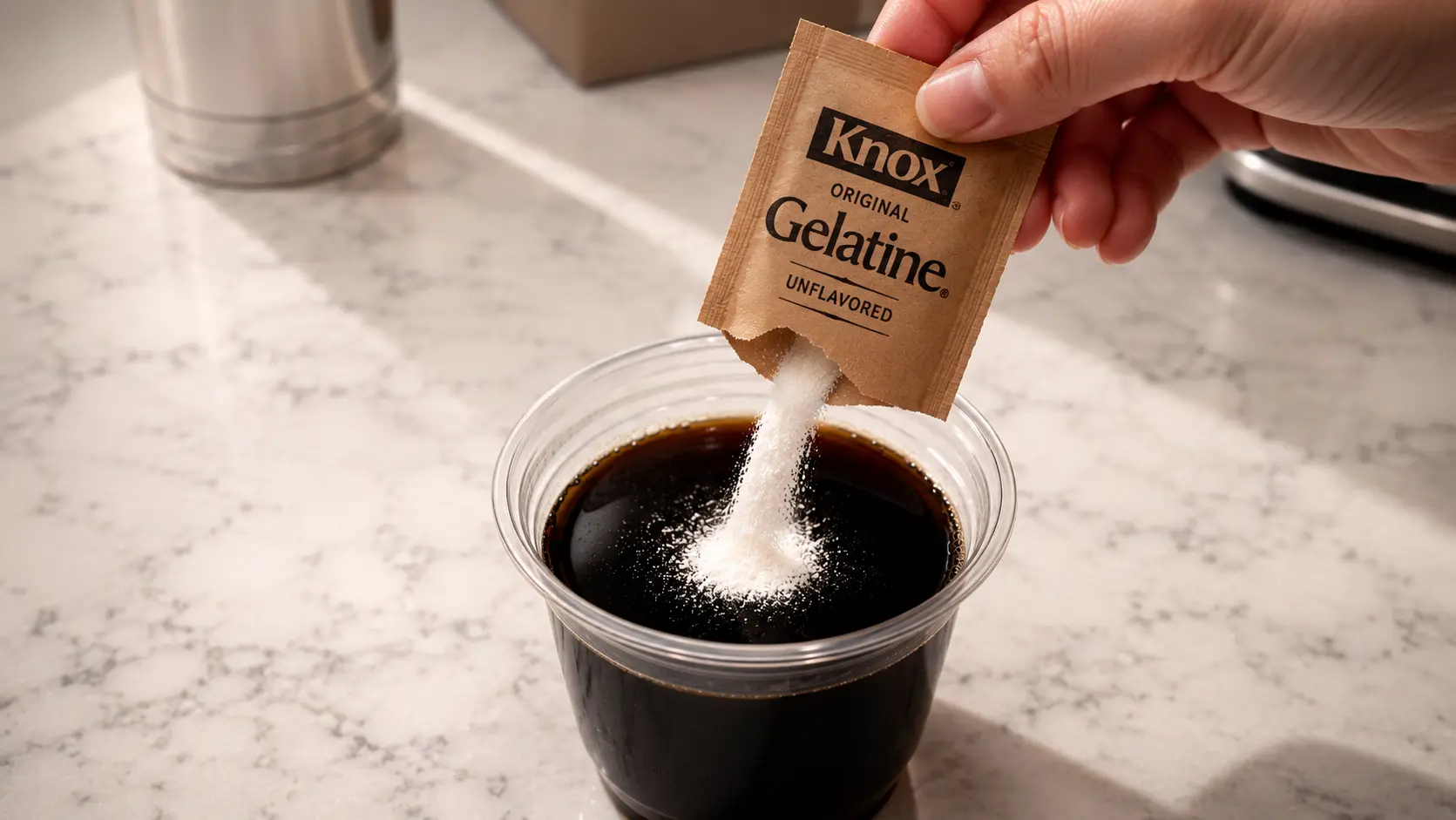 **Alt Text:** *A professional food-photography image of a hand pouring unflavored Knox Original Gelatine powder from a labeled brown packet into a clear cup of freshly brewed black coffee. The stream of white gelatin granules is captured mid-pour, creating a dramatic action shot against the dark coffee surface. The cup sits on a light marble countertop illuminated by soft natural light, with the Knox packet clearly visible and in focus. The clean kitchen background is softly blurred, drawing attention to the gelatin dissolving into the rich coffee as the first step in making Japanese coffee jelly.*