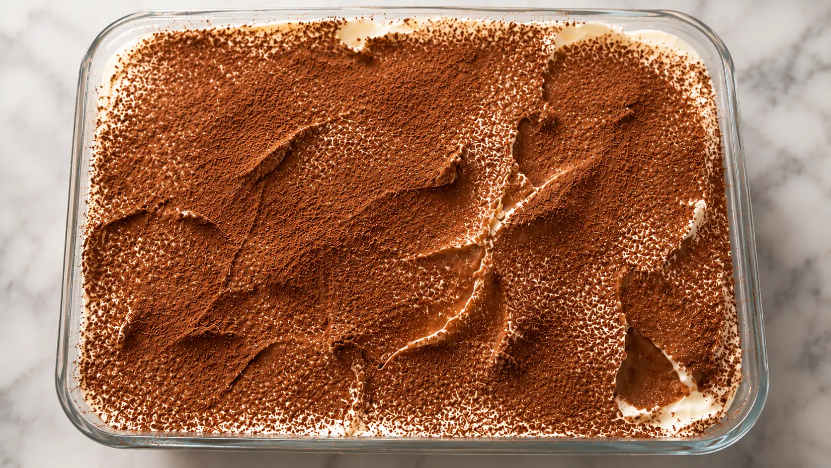 Top-down view of a homemade tiramisu in a clear rectangular glass baking dish on a light marble countertop. The dessert is topped with a natural-looking layer of medium-brown cocoa powder, lightly dusted over creamy mascarpone filling with visible spatula swirls and textured peaks. Soft natural lighting highlights the rich cocoa and creamy white edges, creating a fresh, professionally photographed food presentation.