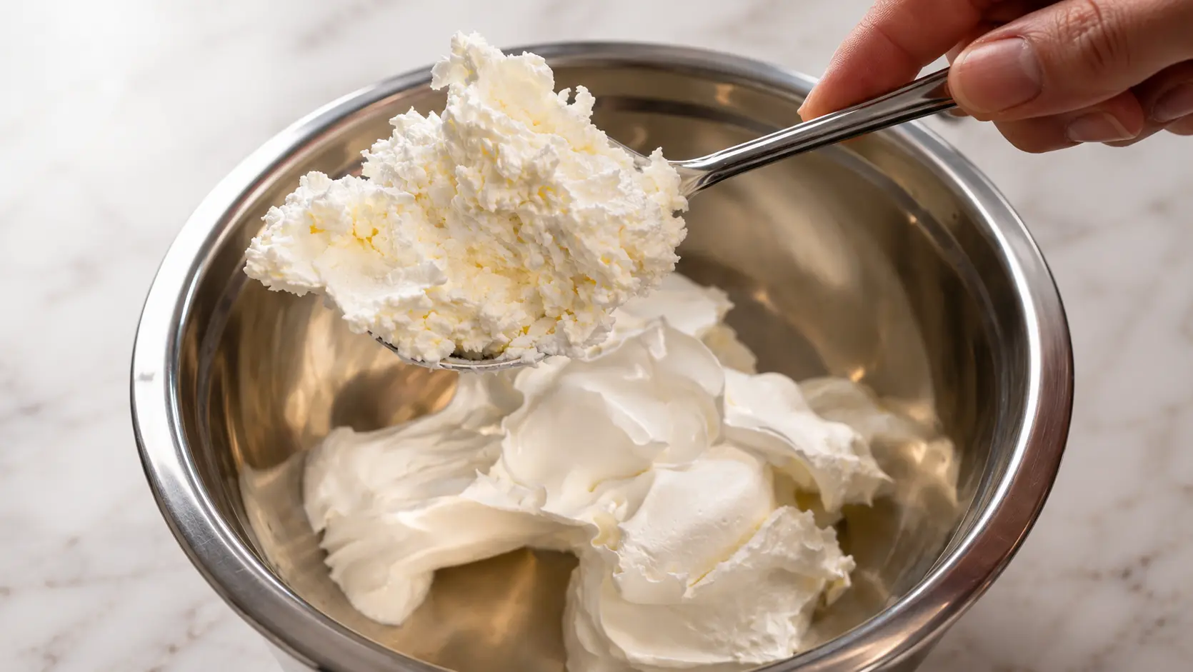 Professional food photography close-up of a stainless steel mixing bowl filled with smooth cream cheese and whipped topping on a light marble countertop. A hand holds a spoonful of fluffy cream cheese mixture above the bowl, showcasing its rich, airy texture. Soft natural lighting, shallow depth of field, and polished metal reflections create a clean, high-end baking and dessert preparation scene.