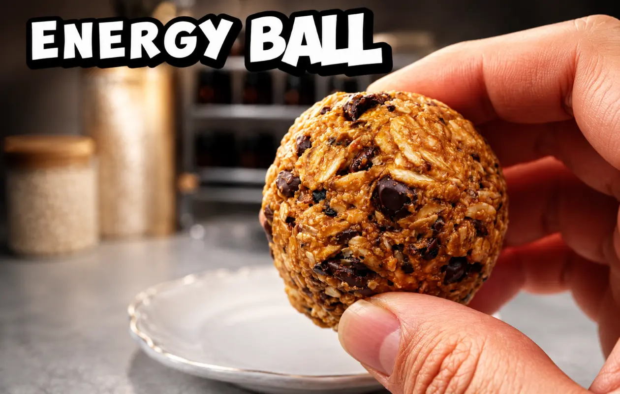 Close-up professional food photograph of a homemade energy ball made with oats and chocolate chips, centered on a light gray ceramic plate. The energy ball has a golden-brown color with visible oats and rich chocolate chunks. The background features a soft