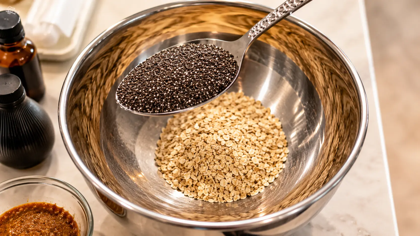 Professional food photography of a stainless steel mixing bowl containing rolled oats on a light marble countertop. A decorative metal spoon filled with chia seeds is suspended above the bowl, ready to be added to the oats. Warm natural lighting highlights the textures of the ingredients, while softly blurred kitchen items in the background create depth and a clean, modern recipe-preparation aesthetic.