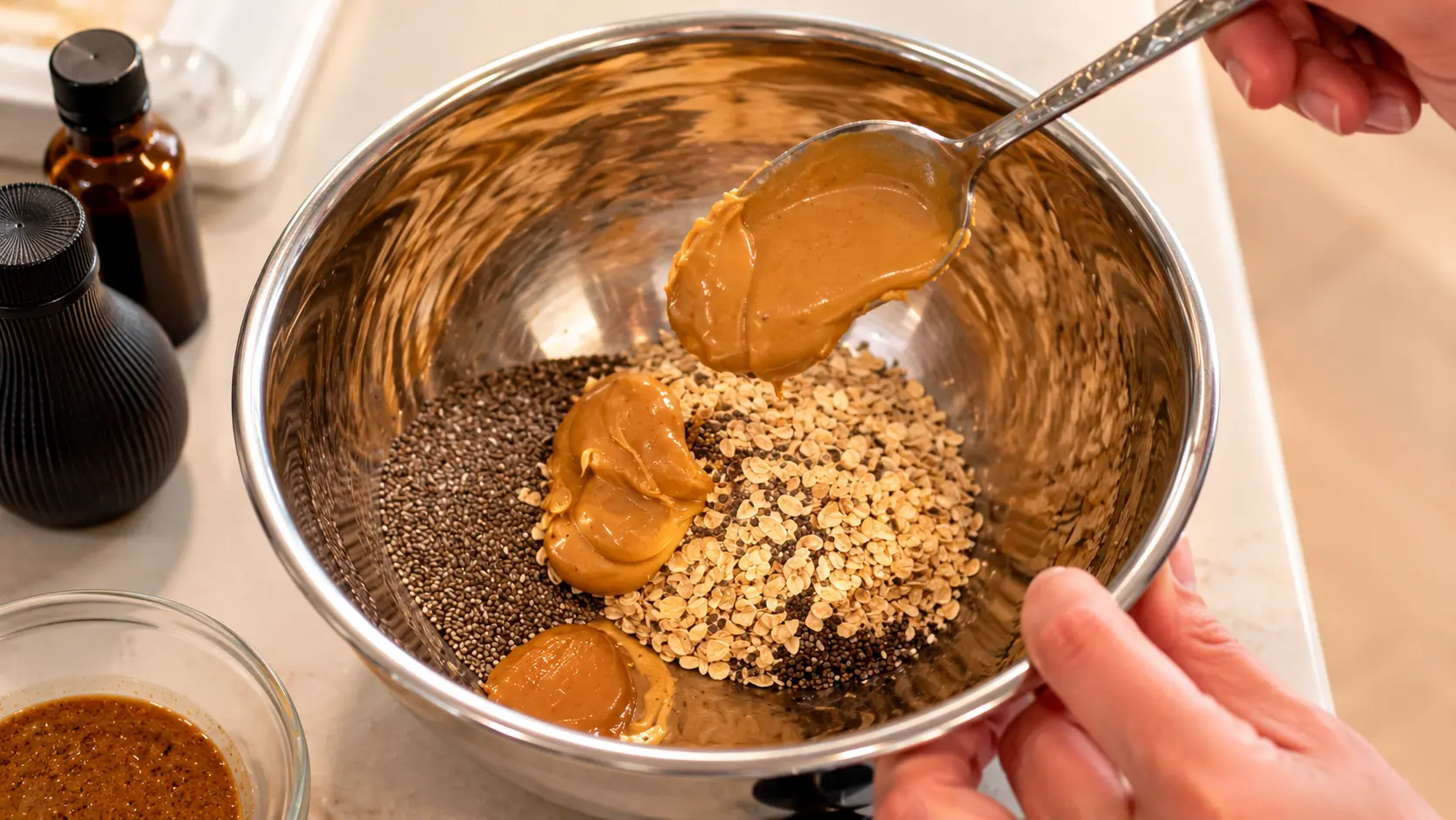 Overhead professional food photography of a stainless steel mixing bowl containing rolled oats, chia seeds, and several dollops of creamy peanut butter. A decorative metal spoon holding additional peanut butter is positioned above the bowl while hands steady the bowl during recipe preparation. Warm natural lighting highlights the textures of the ingredients, and the softly blurred kitchen countertop creates a clean, inviting, and high-end food photography aesthetic.