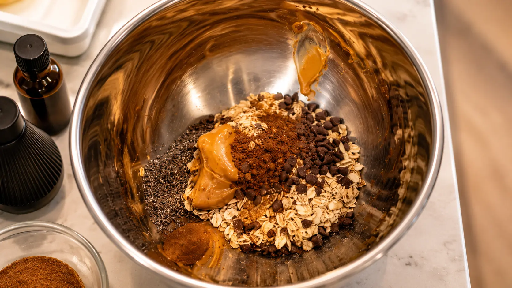 Overhead professional food photograph of a stainless steel mixing bowl filled with ingredients for homemade energy balls. Inside the bowl are rolled oats, chocolate chips, chia seeds, creamy peanut butter, and a mound of ground cinnamon arranged before mixing. The bowl sits on a light marble countertop under warm natural lighting that highlights the textures and colors of each ingredient. Softly blurred kitchen items around the edges create a clean, inviting, and high-end recipe-preparation scene.