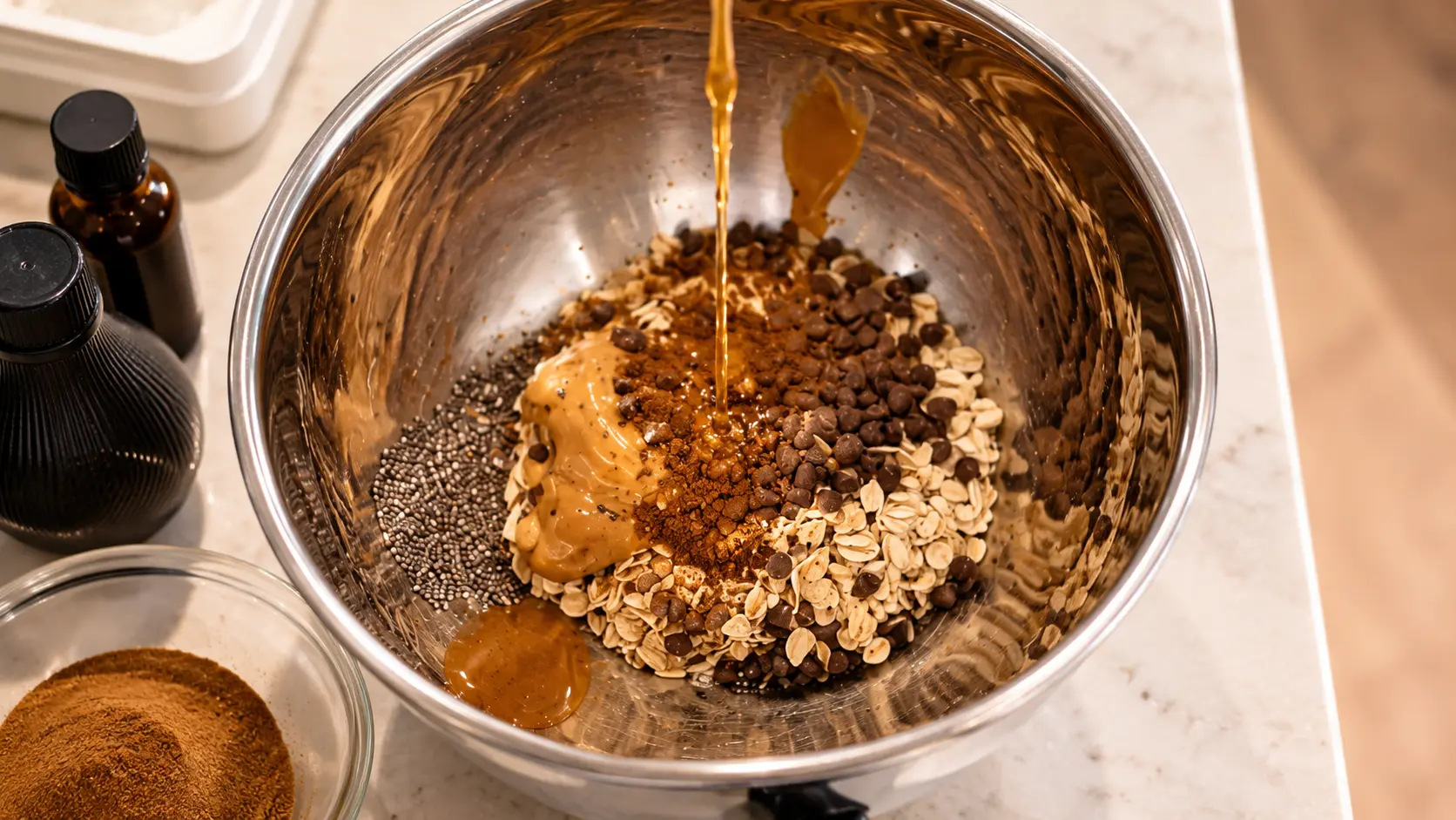 Professional overhead food photograph of ingredients for homemade energy balls in a large stainless steel mixing bowl. Rolled oats, chocolate chips, chia seeds, peanut butter, and cinnamon are arranged inside the bowl while a stream of golden honey is being poured over the mixture. Warm natural lighting enhances the textures and rich colors of the ingredients, while the marble countertop and softly blurred kitchen items create a clean, inviting, and high-end recipe-preparation scene.