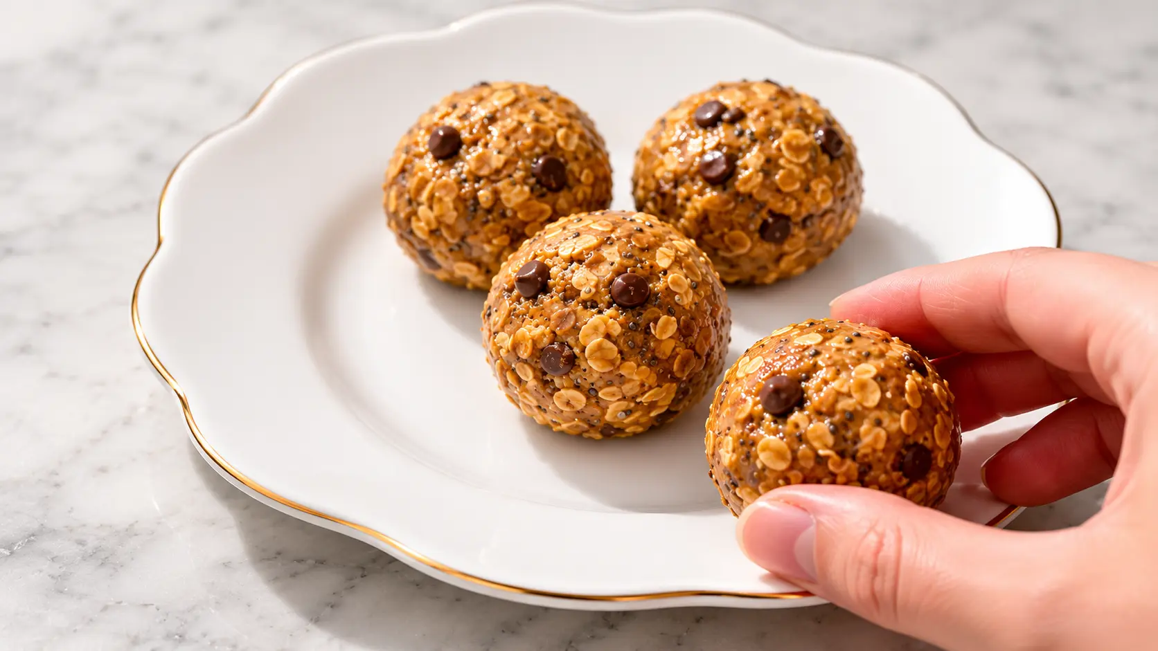 Close-up of four homemade oatmeal energy bites studded with chocolate chips and seeds, arranged on an elegant white scalloped plate with a gold rim. A hand gently picks up one energy bite in the foreground, while soft natural lighting highlights the glossy texture and wholesome ingredients against a light marble countertop.