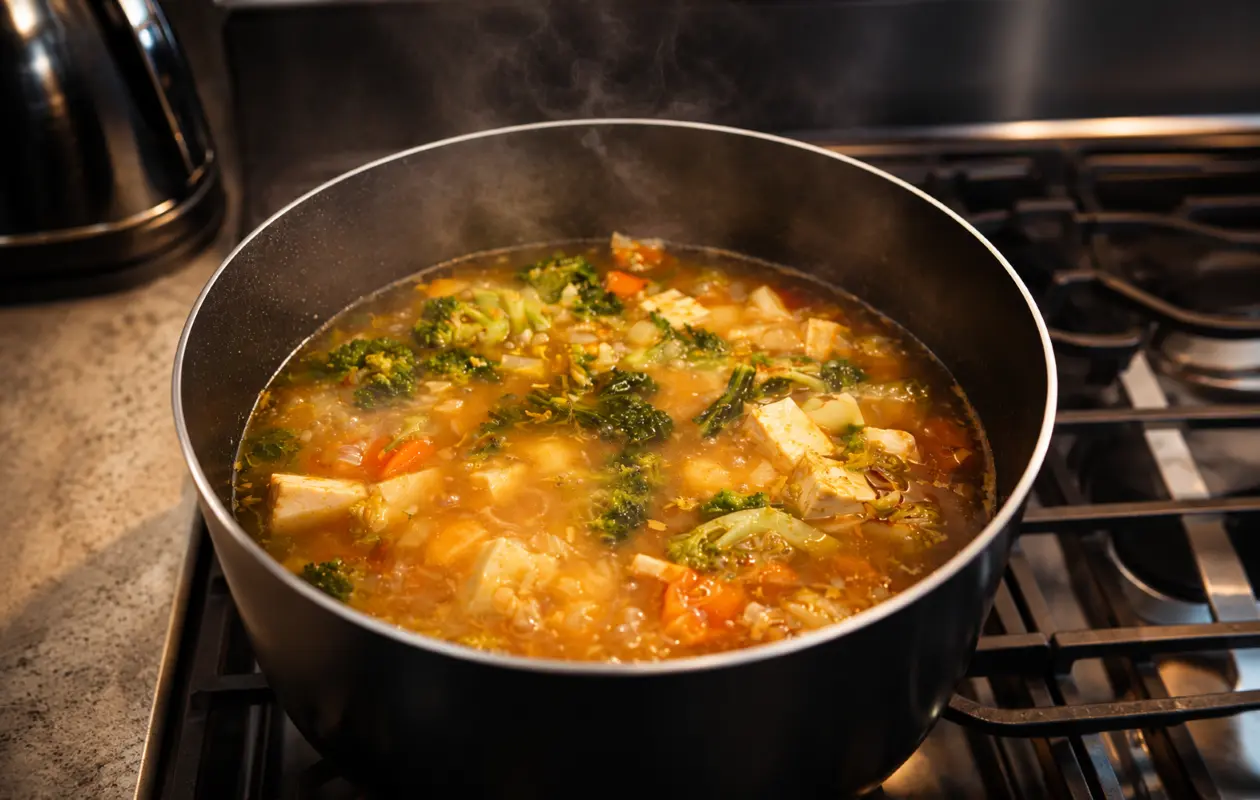 A large black pot of homemade vegetable tofu stew simmering on a gas stovetop, filled with broccoli, carrots, onions, cabbage, and tofu cubes in a rich golden-orange broth. Steam rises from the pot, creating a warm and cozy kitchen atmosphere. The image is