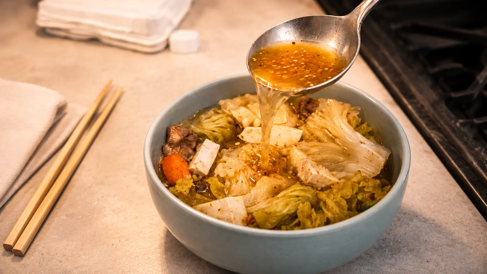 A professionally styled bowl of Korean-inspired cabbage and tofu stew on a light stone countertop, with a silver ladle pouring golden broth into the bowl. The dish contains napa cabbage, tofu cubes, carrots, and tender pieces of meat, garnished with sesame seeds and seasonings. Warm natural lighting highlights the glossy broth and textures of the ingredients, while wooden chopsticks and a softly blurred kitchen background create a cozy, inviting atmosphere.
