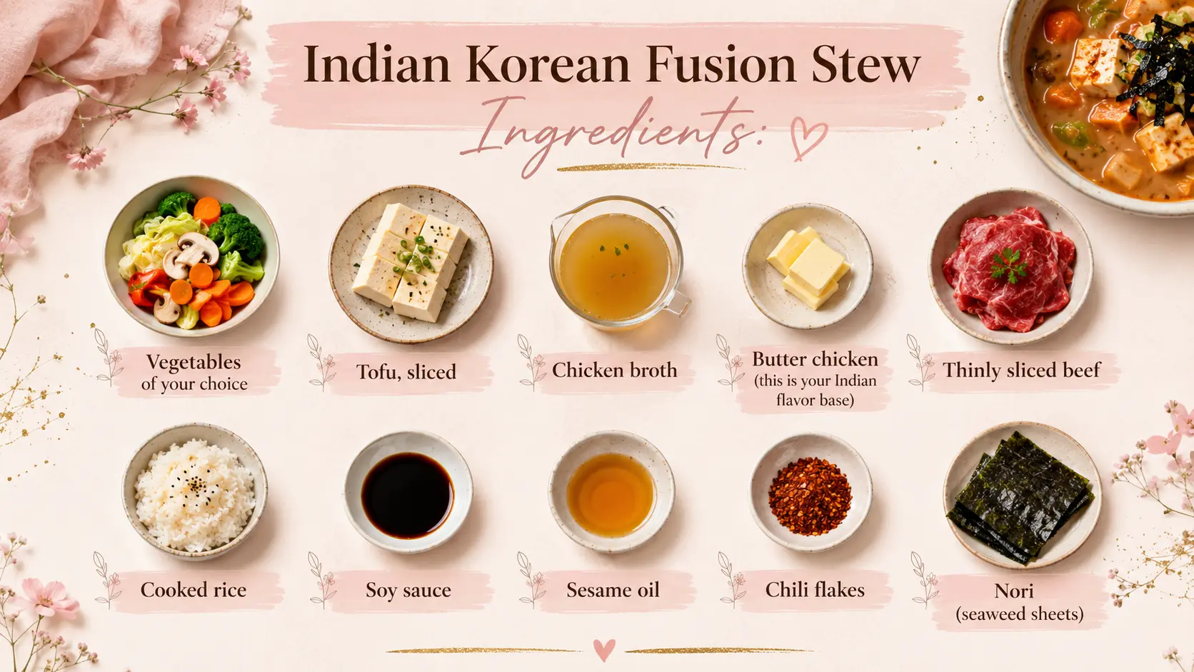 A feminine recipe ingredient board for Indian Korean Fusion Stew displayed on a soft blush-pink and cream background with delicate floral accents and gold decorative details. The layout features neatly arranged bowls and plates containing vegetables, sliced tofu, chicken broth, butter chicken flavor base, thinly sliced beef, cooked rice, soy sauce, sesame oil, chili flakes, and nori seaweed sheets. Elegant typography and pastel styling create a warm, inviting, and modern recipe graphic designed for food bloggers and social media sharing.