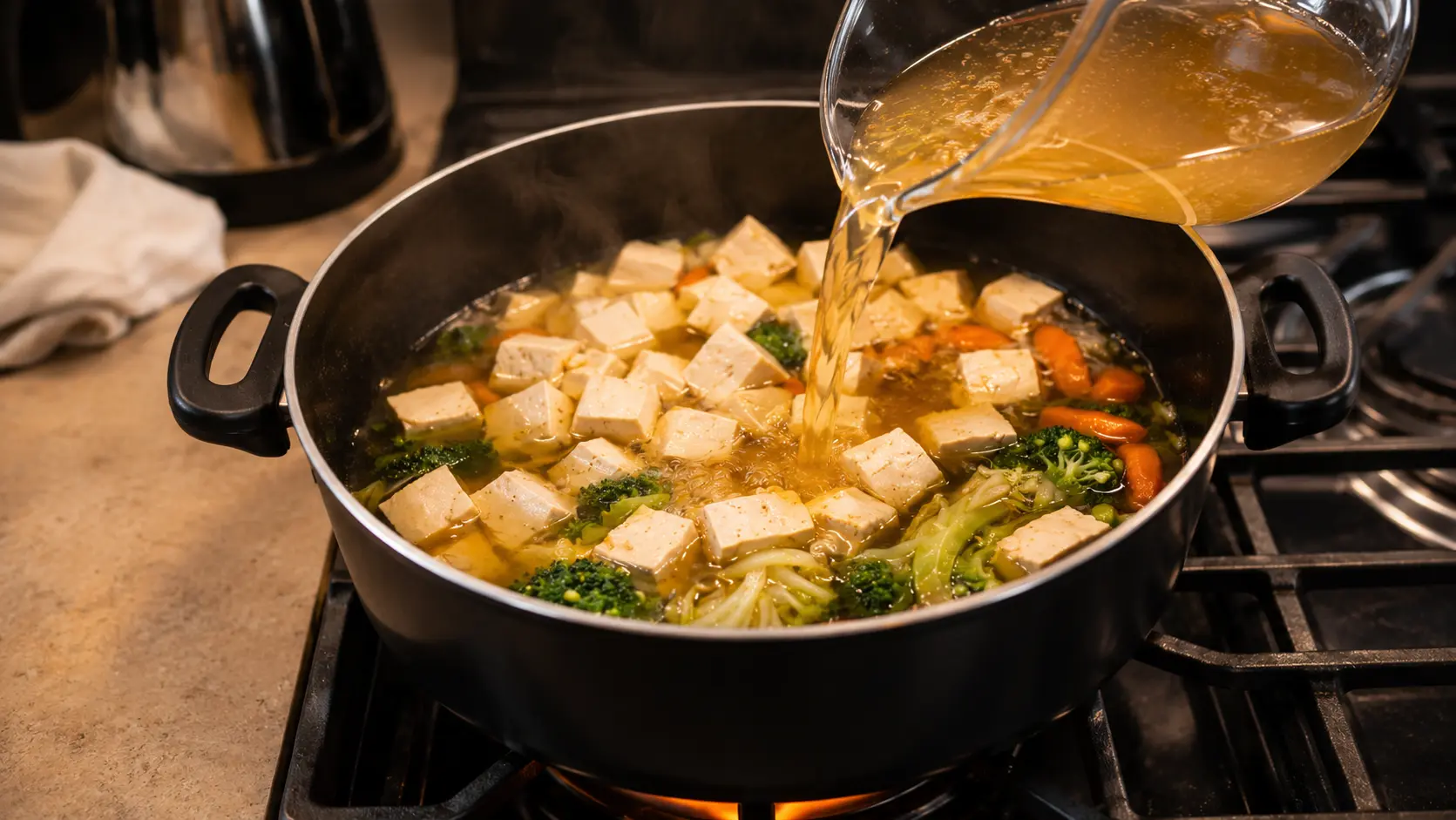 A professional food photography image of golden chicken broth being poured from a glass measuring jug into a large black pot filled with cubed tofu, broccoli florets, carrots, and cabbage on a gas stovetop. Warm lighting highlights the rich broth and fresh vegetables, while gentle steam rises from the pot, creating a cozy, home-cooked atmosphere. The background is softly blurred, drawing attention to the pouring action and vibrant ingredients in the stew.