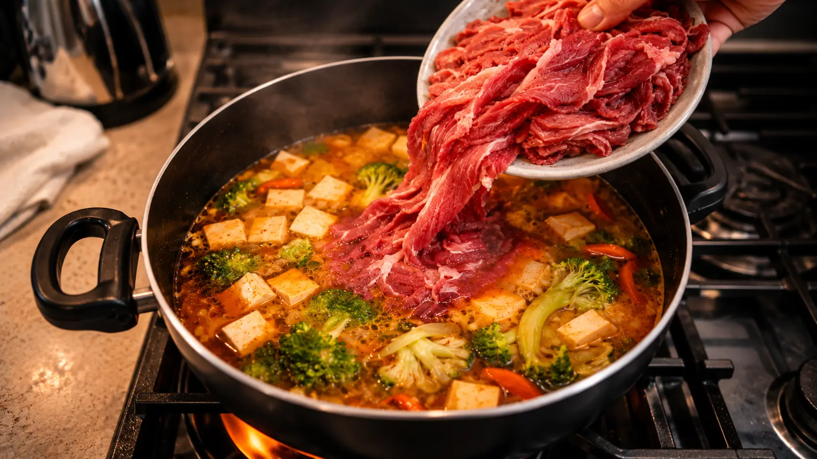 A professional food photography image showing thinly sliced raw beef being added from a ceramic plate into a large pot of simmering Indian Korean fusion stew on a gas stovetop. The stew features golden-orange broth with tofu cubes, broccoli florets, and sliced carrots. Warm lighting highlights the marbling of the beef and the vibrant colors of the vegetables, while steam rises from the pot, creating a cozy, homemade cooking atmosphere. The background is softly blurred, drawing attention to the moment the beef is incorporated into the stew.