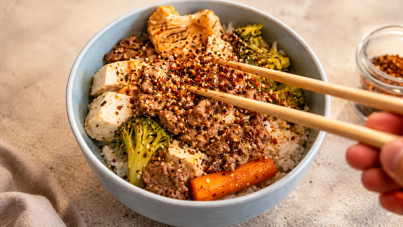 A professionally styled bowl of Indian Korean fusion stew served over steamed white rice in a pale blue ceramic bowl. The dish features tender slices of beef, cubed tofu, broccoli florets, carrots, and cabbage, generously topped with sesame seeds and Korean chili flakes. Wooden chopsticks hover above the bowl, while warm natural lighting highlights the textures and colors of the ingredients. A small jar of chili flakes sits softly blurred in the background, creating a cozy, restaurant-quality food photography scene.