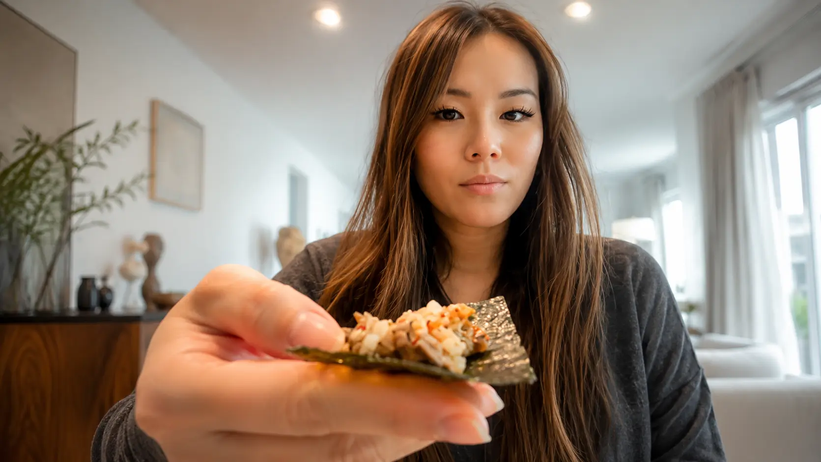 A professionally photographed lifestyle food image featuring a woman holding a sheet of nori topped with rice and seasoned stew ingredients toward the camera. The focus is on the nori bite, showcasing fluffy rice, tender beef, and colorful seasonings, while the woman sits in a bright, modern dining space with a soft, natural expression. Warm lighting, shallow depth of field, and a softly blurred background create a clean, inviting atmosphere that highlights both the food and the dining experience.