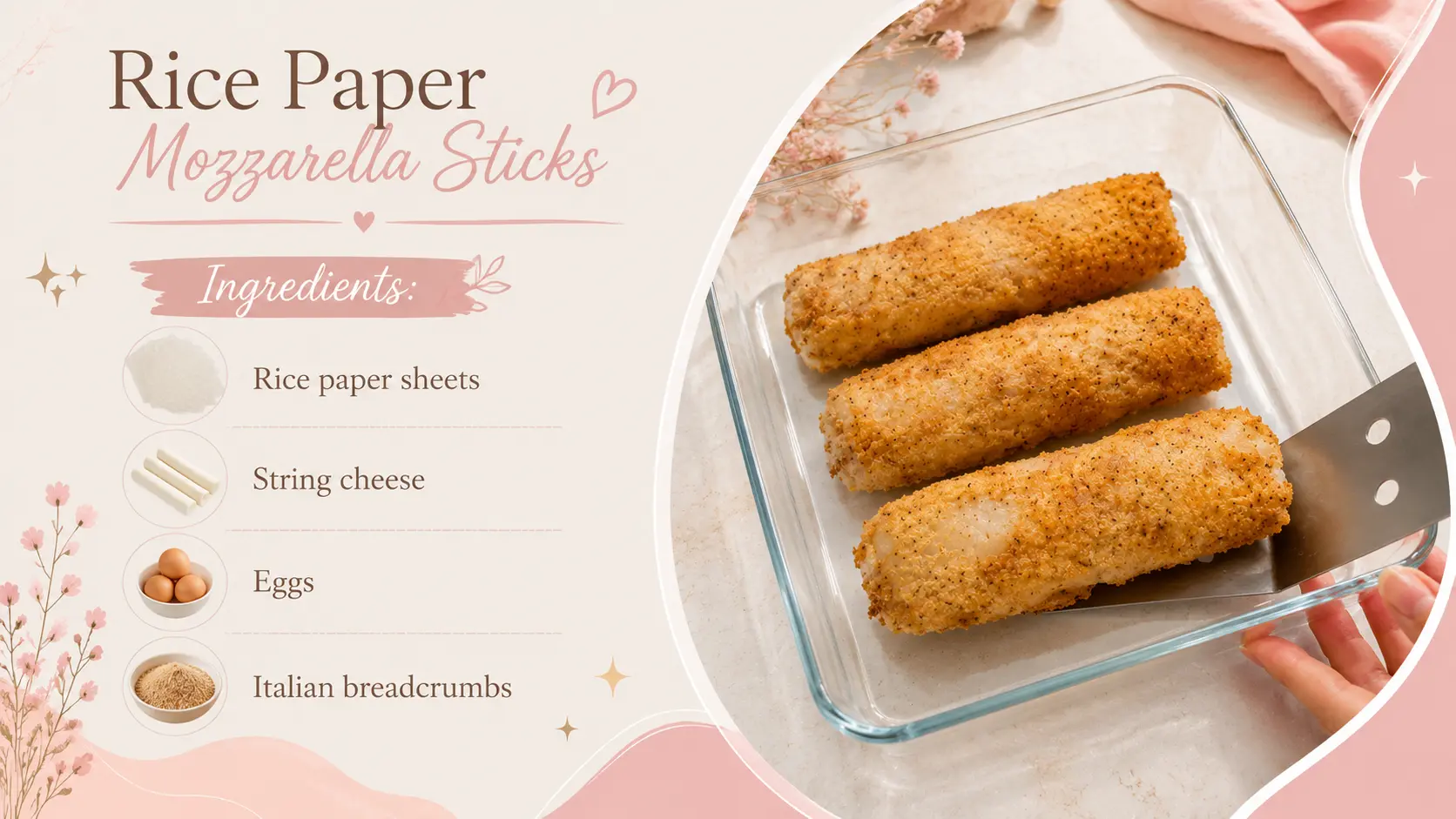 Feminine recipe card for Rice Paper Mozzarella Sticks featuring a soft blush pink and cream color palette with delicate floral accents. The design includes an ingredient list with illustrated icons for rice paper sheets, string cheese, eggs, and Italian breadcrumbs. On the right, a professional food photo showcases three crispy golden mozzarella sticks in a glass baking dish on a light marble countertop, creating an elegant and inviting recipe graphic.